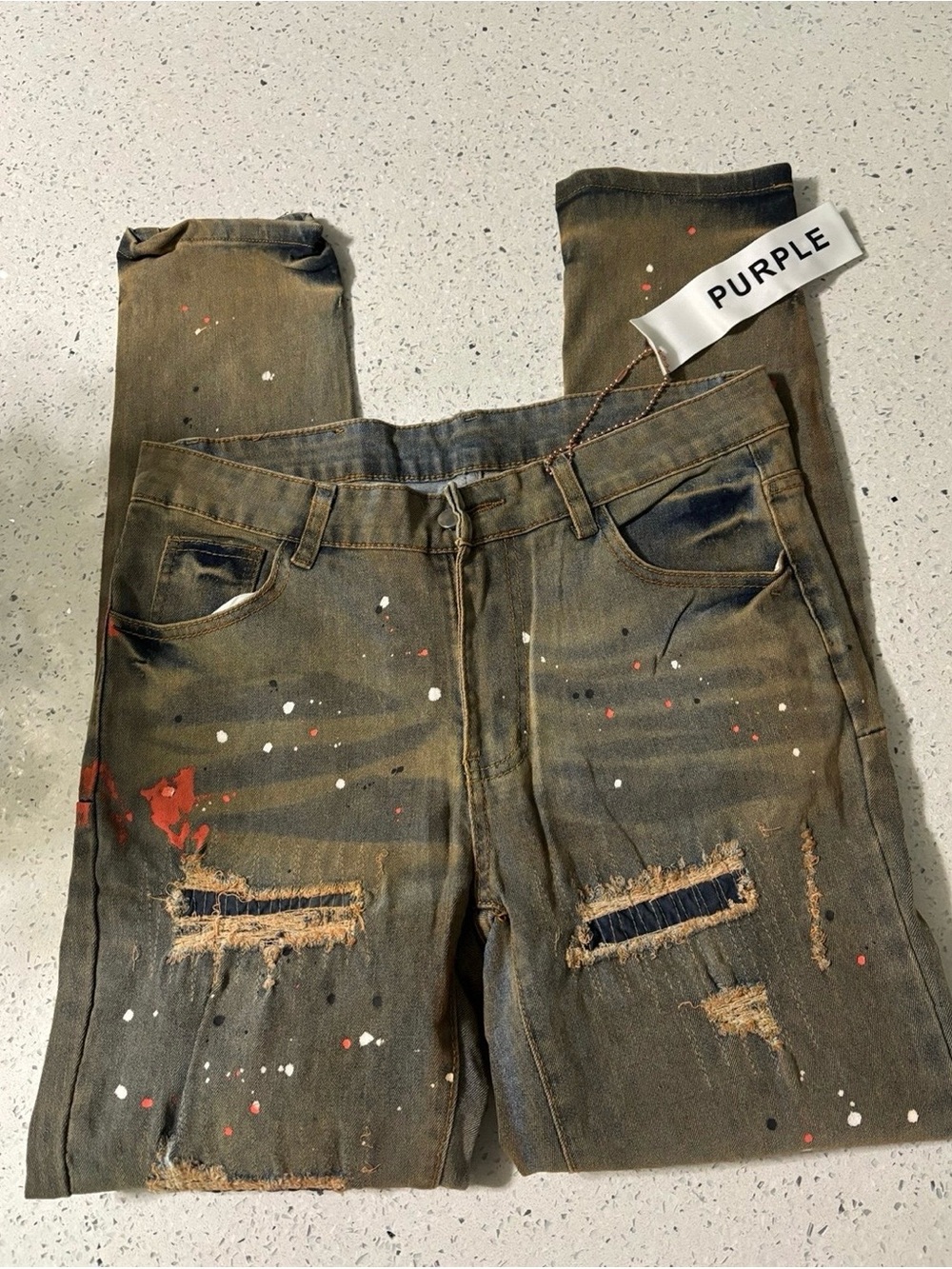 Purple brand Distressed Paint-Splatter Jeans - Olive Green